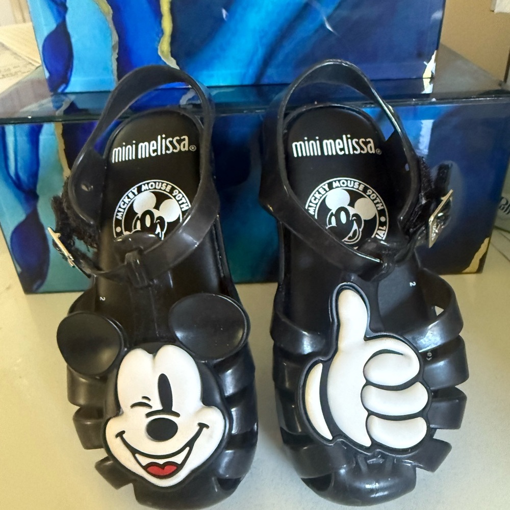Mini Melissa Kids Black Mickey Mouse Thumbs Up Sandals